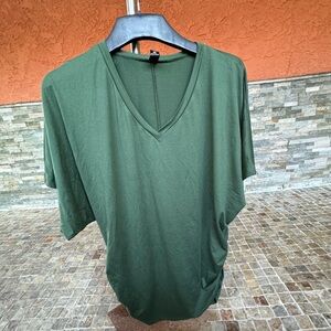 Green top cinched sized, curved hem, v neck